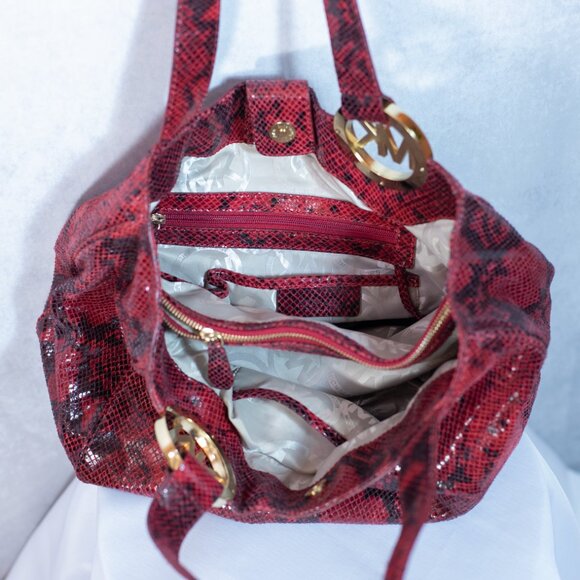 Michael Kors Fulton East-West Tote Red Python Embossed Leather Bag Large - Picture 10 of 13